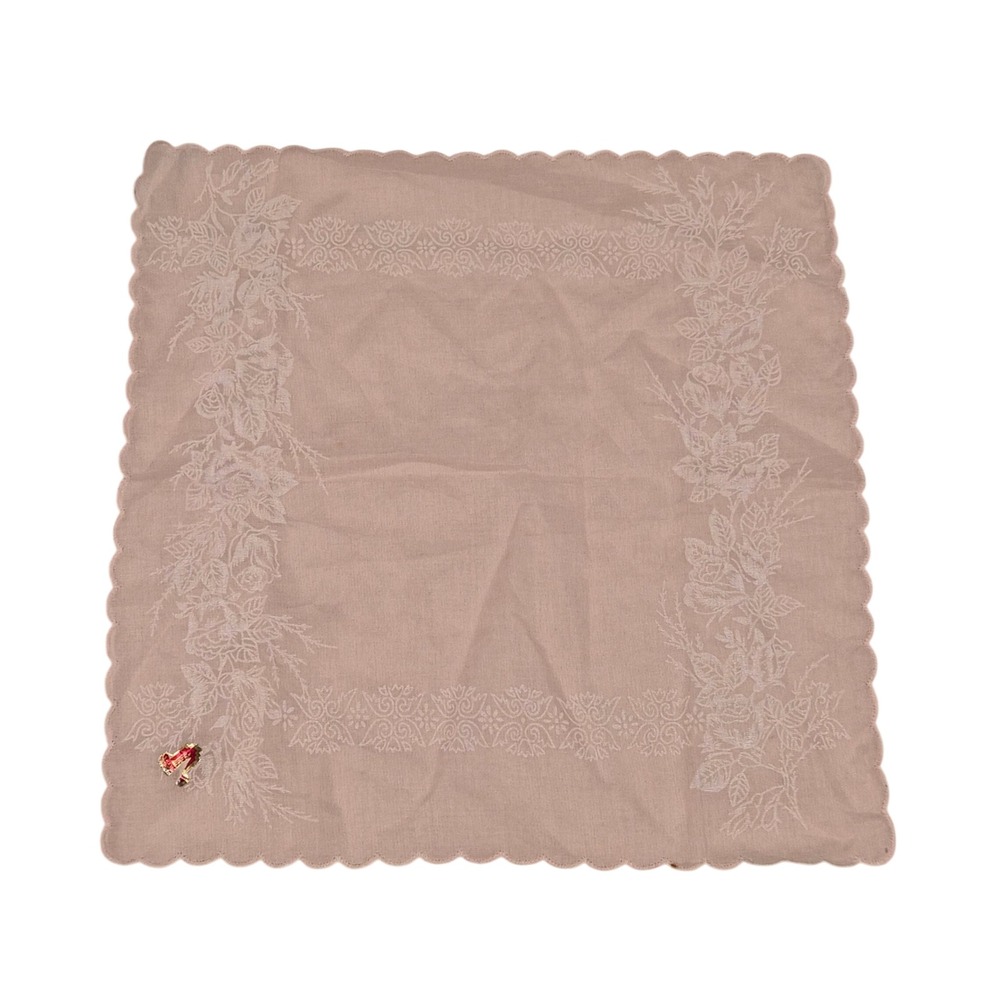 Vintage Shanghai Embroidered Handkerchief Pink Floral Scalloped Edge Rose